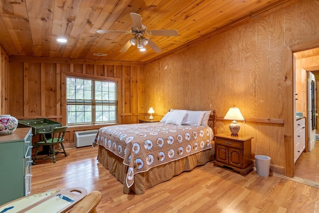 bedroom featuring ceiling fan, wood ceiling, wood walls, light hardwood / wood-style floors, and a wall mounted AC