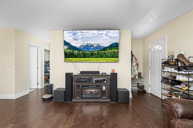 living room featuring a textured ceiling and dark hardwood / wood-style flooring