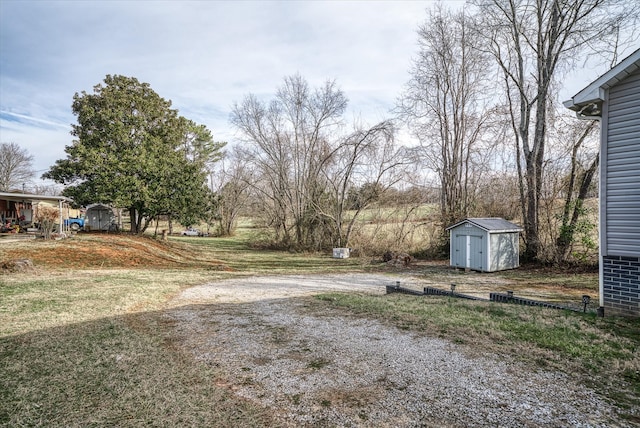 view of yard featuring a storage shed