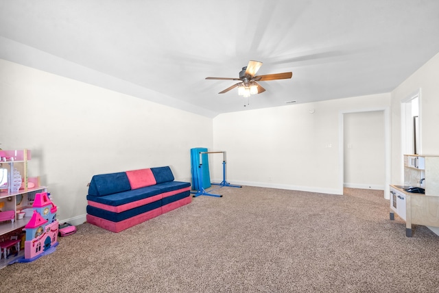 game room featuring ceiling fan and carpet