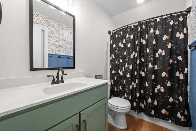 bathroom featuring toilet, curtained shower, vanity, and wood-type flooring