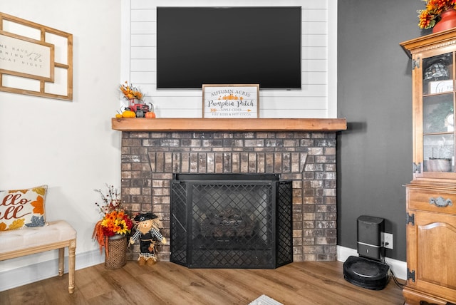 details with hardwood / wood-style flooring and a fireplace