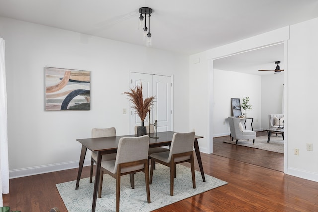 dining room featuring ceiling fan and dark hardwood / wood-style flooring