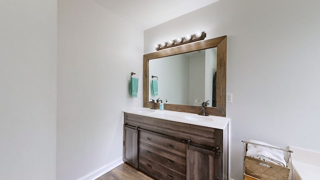 bathroom with wood-type flooring and vanity