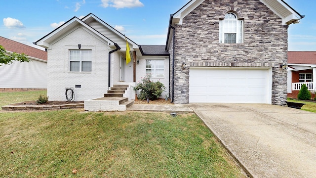 view of property with a front lawn and a garage