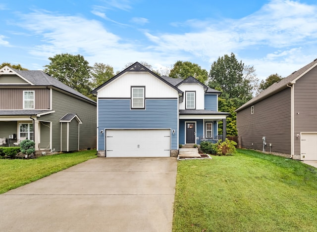 view of front of property with covered porch, a front yard, and a garage