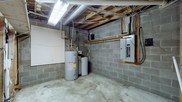 basement featuring electric water heater and electric panel