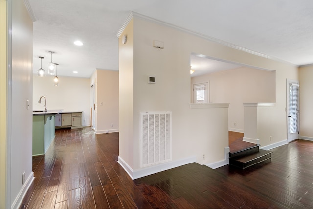 hall featuring dark wood-type flooring, crown molding, and sink