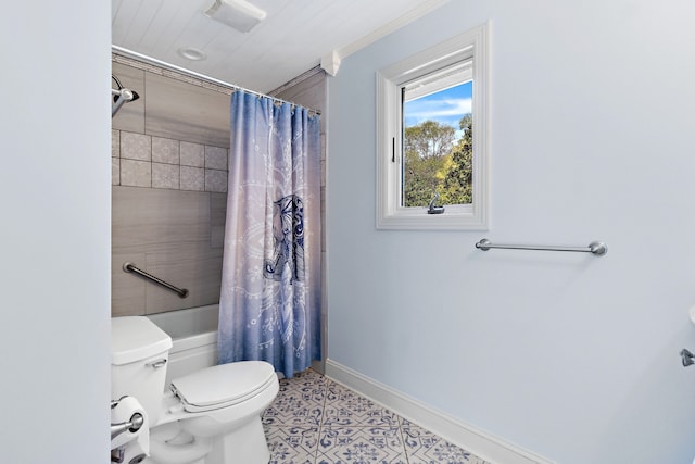 bathroom with shower / bath combination with curtain and toilet