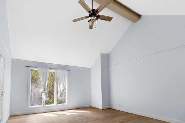 interior space featuring beamed ceiling, light hardwood / wood-style floors, high vaulted ceiling, and ceiling fan