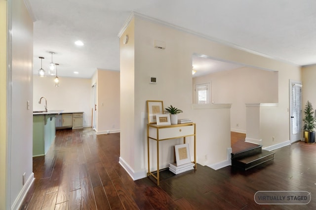 hall with ornamental molding, dark wood-type flooring, and sink