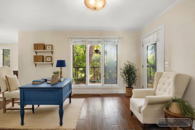 office area featuring ornamental molding and dark hardwood / wood-style flooring