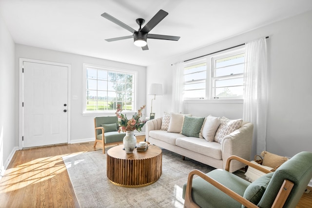 living room featuring ceiling fan and hardwood / wood-style floors