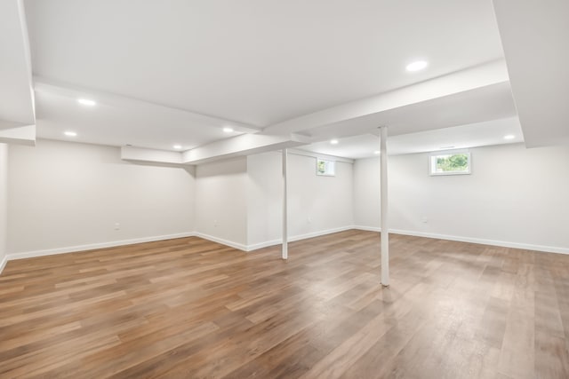 basement with wood-type flooring