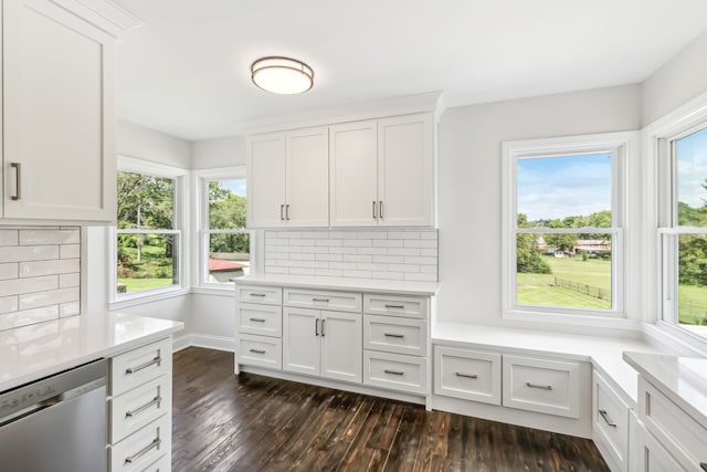 interior space with decorative backsplash, dishwasher, and white cabinets