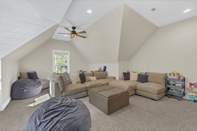 carpeted living room with lofted ceiling and ceiling fan