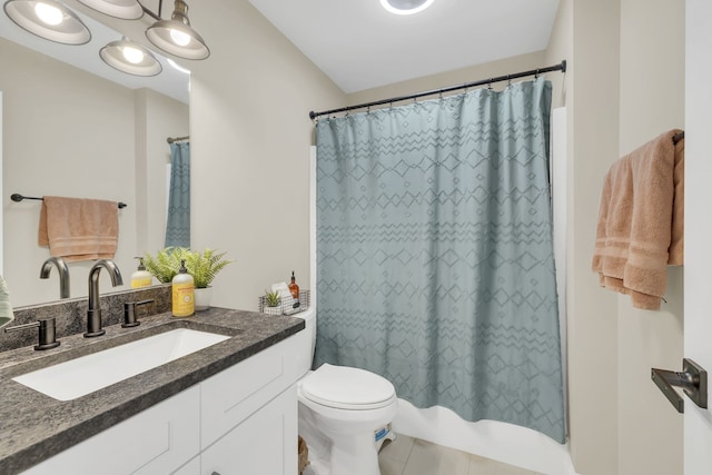 bathroom featuring toilet, tile patterned flooring, vanity, and a shower with shower curtain