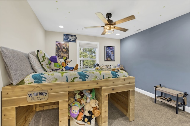 bedroom featuring ceiling fan and carpet flooring