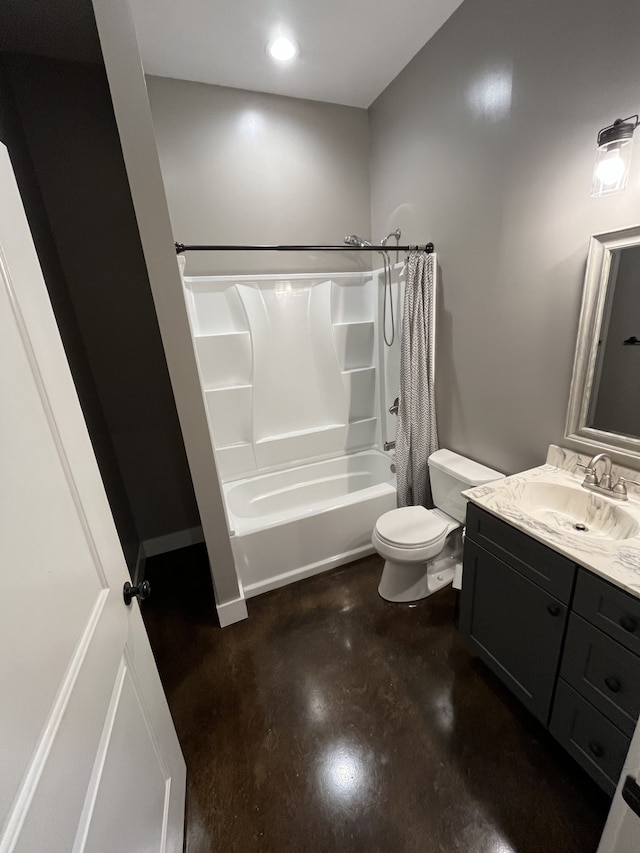 full bathroom with concrete floors, vanity, toilet, and shower / bath combo with shower curtain