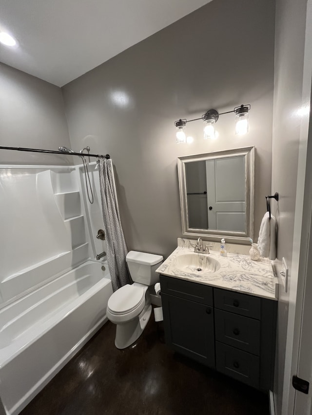 full bathroom with shower / bath combination with curtain, hardwood / wood-style floors, vanity, and toilet