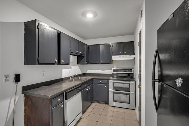 kitchen featuring sink, black fridge, light tile patterned flooring, electric stove, and white dishwasher