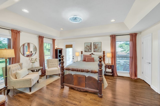 bedroom featuring multiple windows, a raised ceiling, and hardwood / wood-style flooring