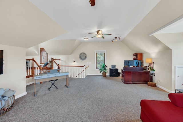 playroom with carpet, vaulted ceiling, and ceiling fan