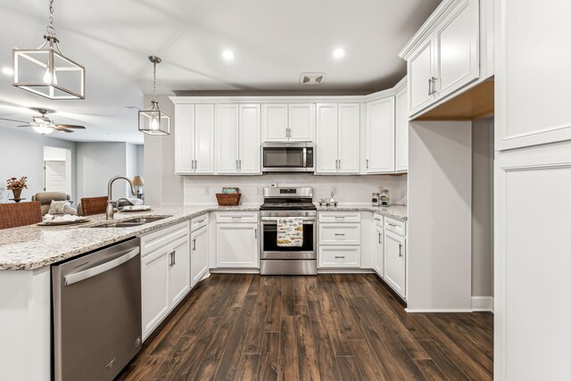 kitchen with decorative light fixtures, stainless steel appliances, dark hardwood / wood-style flooring, and white cabinetry