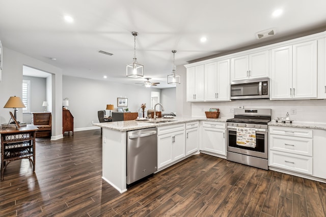 kitchen with decorative light fixtures, appliances with stainless steel finishes, dark hardwood / wood-style flooring, and white cabinetry