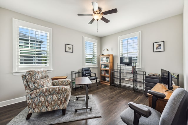 living area with ceiling fan and dark hardwood / wood-style floors