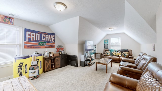 carpeted living room featuring vaulted ceiling and a textured ceiling