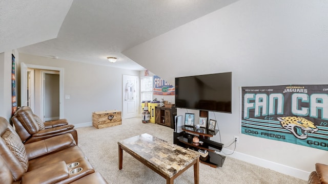 carpeted living room with a textured ceiling