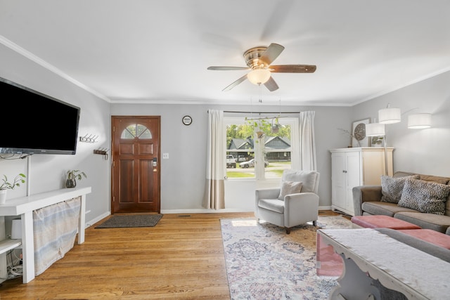 living room featuring ceiling fan, light wood-type flooring, and crown molding