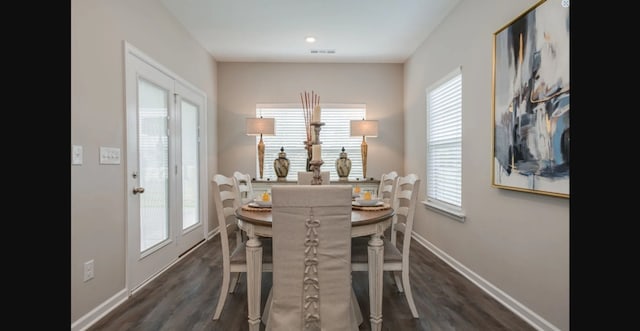 dining room with a healthy amount of sunlight and dark wood-type flooring