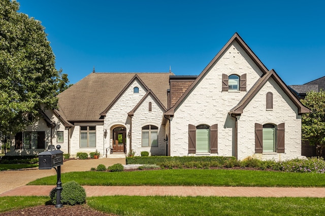 french provincial home with a front lawn