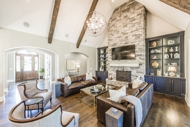 living room featuring a stone fireplace, beamed ceiling, high vaulted ceiling, and dark hardwood / wood-style flooring