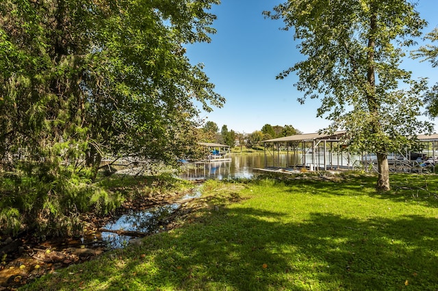 view of yard with a water view and a dock