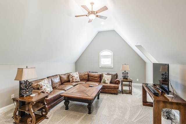 carpeted living room with lofted ceiling and ceiling fan