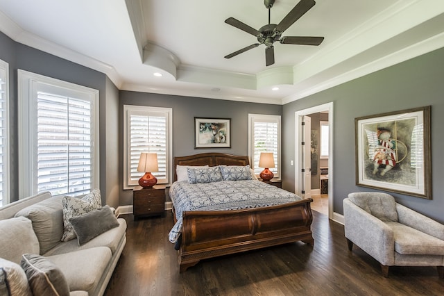 bedroom with multiple windows, ensuite bath, ceiling fan, and dark wood-type flooring