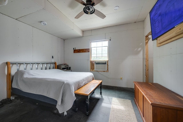 bedroom featuring ceiling fan, cooling unit, and concrete flooring