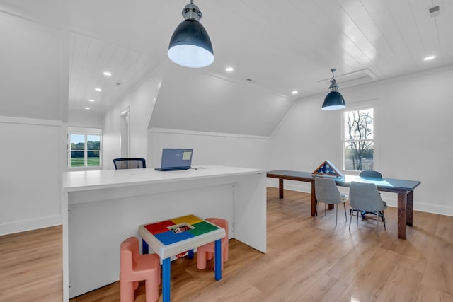 recreation room with wood ceiling, light hardwood / wood-style floors, vaulted ceiling, and plenty of natural light