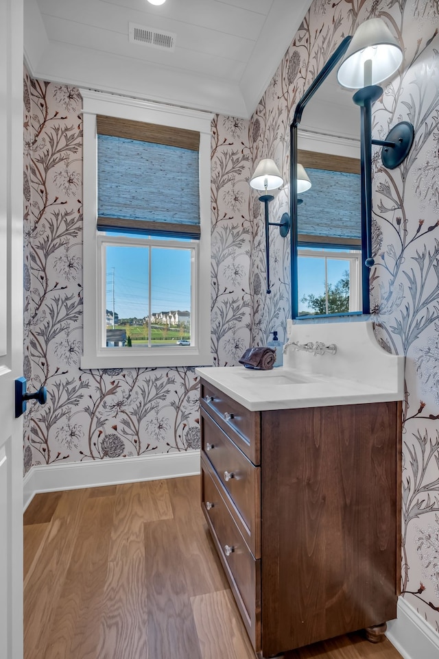 bathroom featuring vanity and hardwood / wood-style flooring