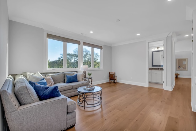 living room with light hardwood / wood-style flooring and ornamental molding