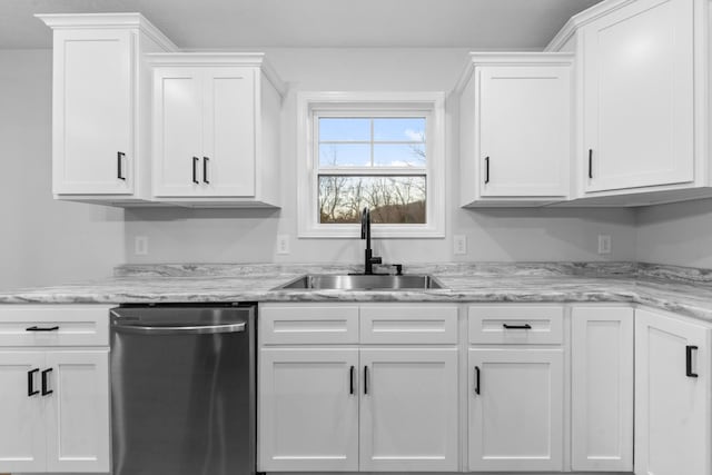 kitchen featuring a sink, light stone counters, white cabinets, and stainless steel dishwasher