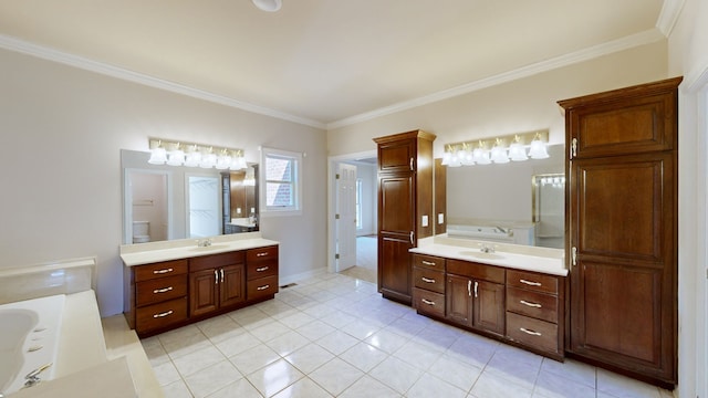 bathroom featuring ornamental molding, vanity, a tub, and tile patterned floors