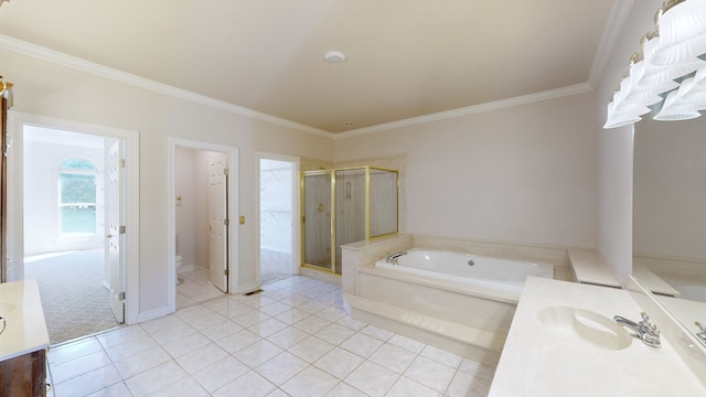 bathroom featuring vanity, crown molding, separate shower and tub, and tile patterned floors