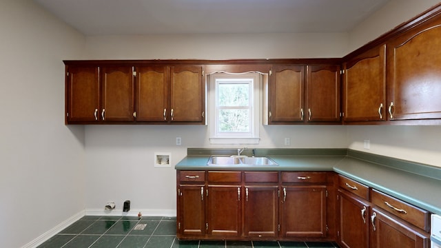 kitchen with sink and dark tile patterned flooring