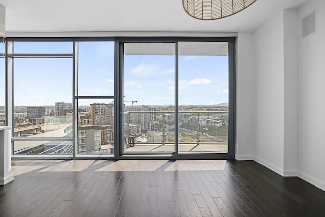 empty room with hardwood / wood-style flooring, a wall of windows, and a healthy amount of sunlight