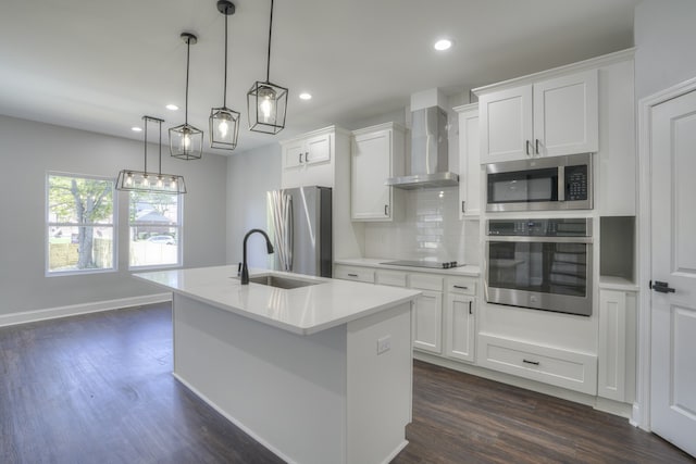 kitchen with appliances with stainless steel finishes, wall chimney exhaust hood, sink, and white cabinetry