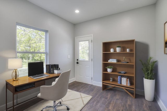 home office with dark hardwood / wood-style floors